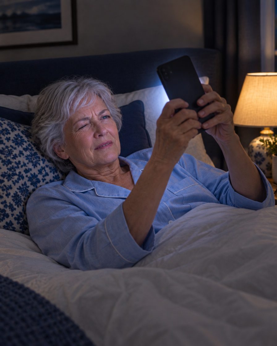 A woman in bed struggling to follow a video on her phone