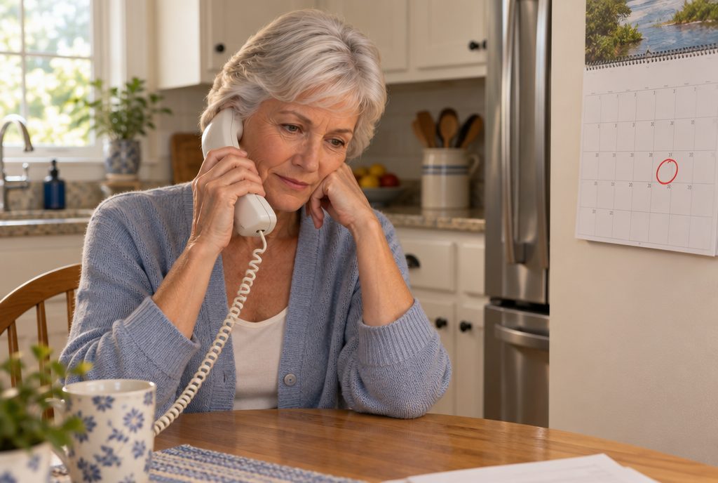 A woman on the phone looking at a calendar with an appointment weeks away